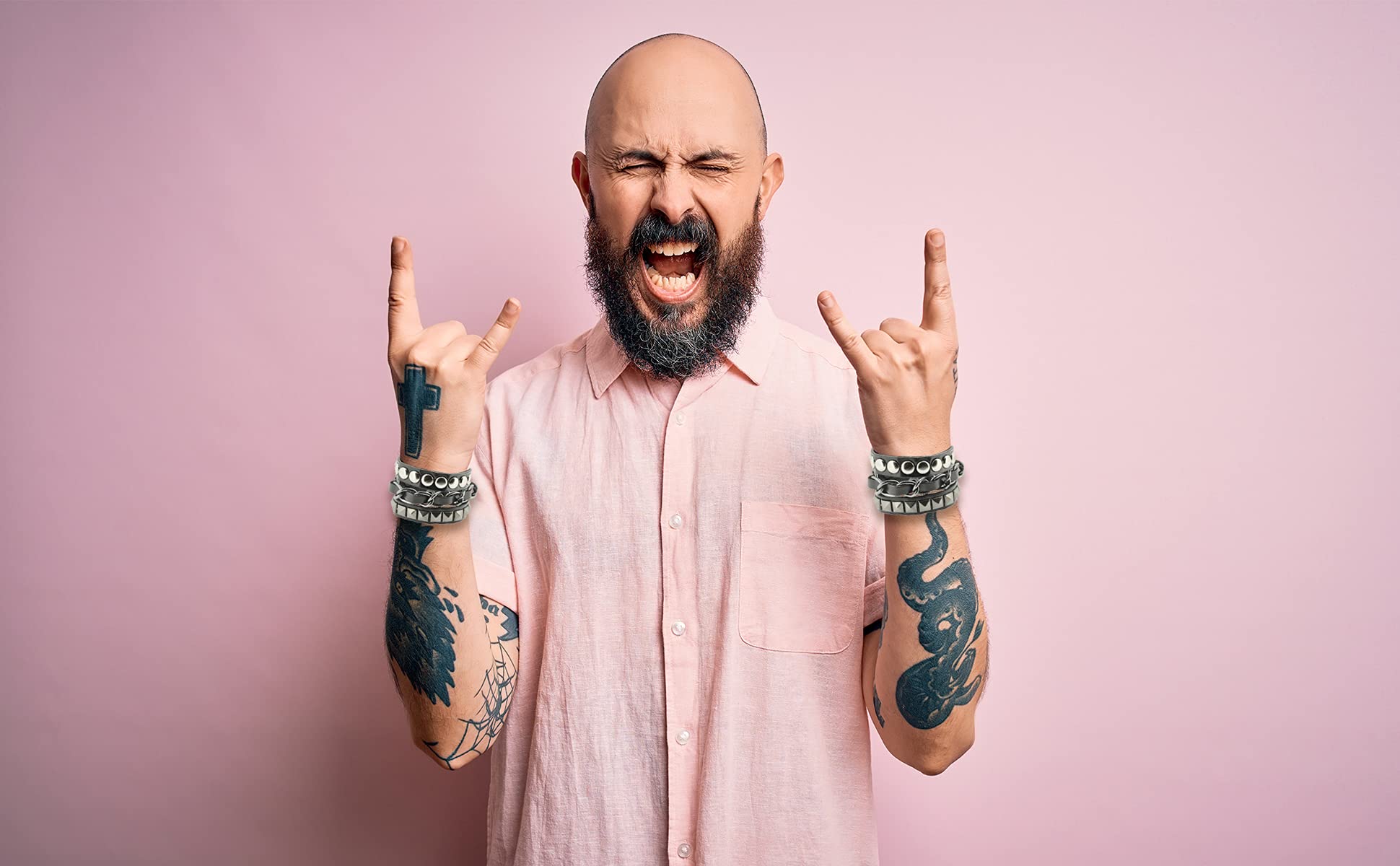 Leather Biker Bracelet for Men Women - Punk Bracelet for Men Women - Black Gothic Bracelet Layered Punk Studded Bracelet with Metal Chain