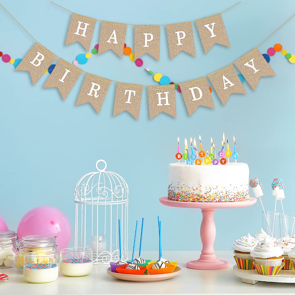 Happy Birthday Burlap Banner Garland Bunting Pendant Flag for Rustic Birthday Decorations -Boho Burlap Birthday Banner for Adults