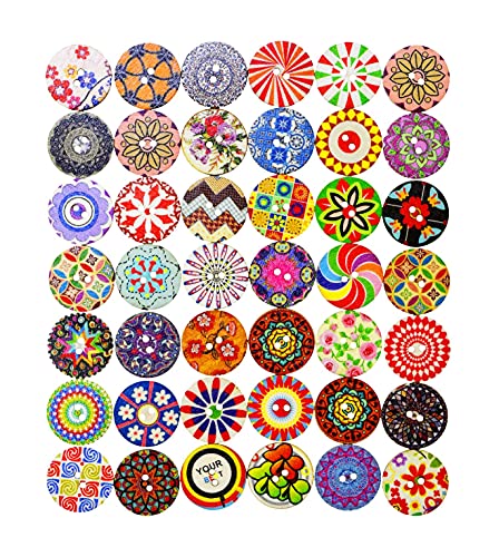 1 Inch Mandala Painted Wooden Buttons for Crafts 2 Hole Colorful