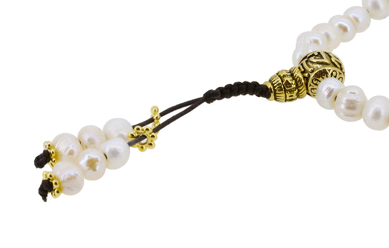 Freshwater Cultured Pearls Yoga Meditation 108 Prayer Beads Mala Wrap Bracelet or Necklace with Brass Guru Bead (Peace Sign)