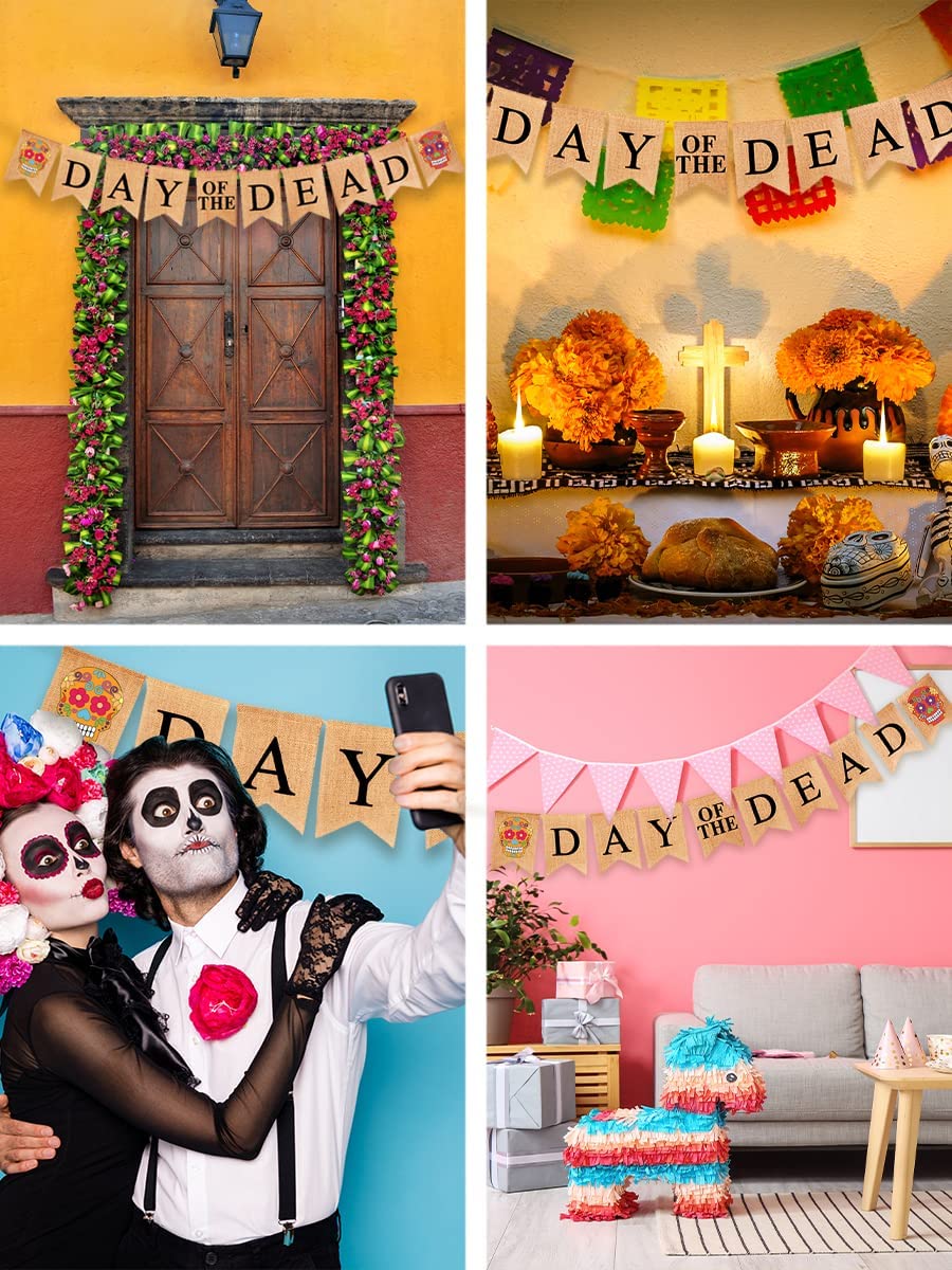 Mandala Crafts Burlap Day of the Dead Banner for Day of the Dead Decorations - Dia De Los Muertos Sugar Skull Decor Garland for Mexican Fiesta Halloween Party Mantle Fireplace