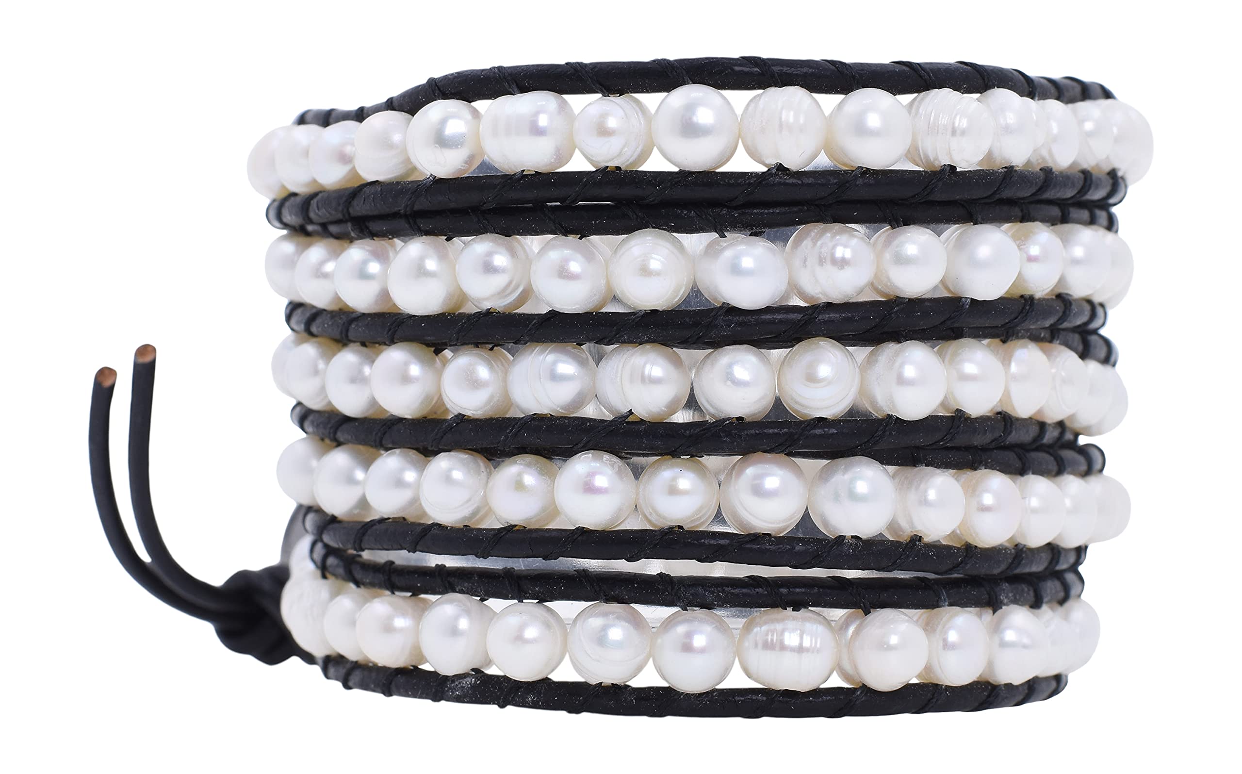 Leather Stackable Bohemian Bracelet for Women Layering Freshwater Cultured Pearl Beaded Leather Boho Wrap Bracelet