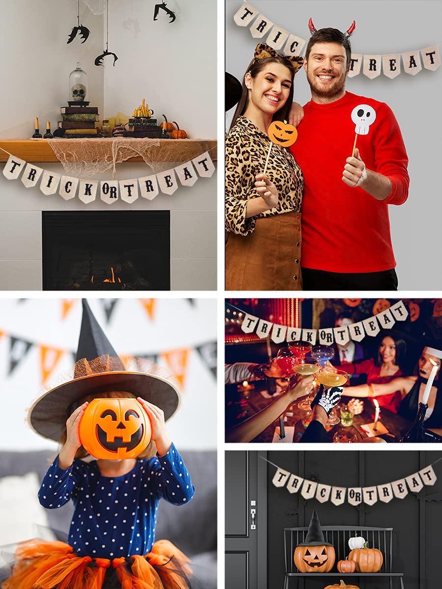 Trick or Treat Halloween Burlap Banner Pennant Garland Bunting for Fireplace Mantle Porch Party Decorations