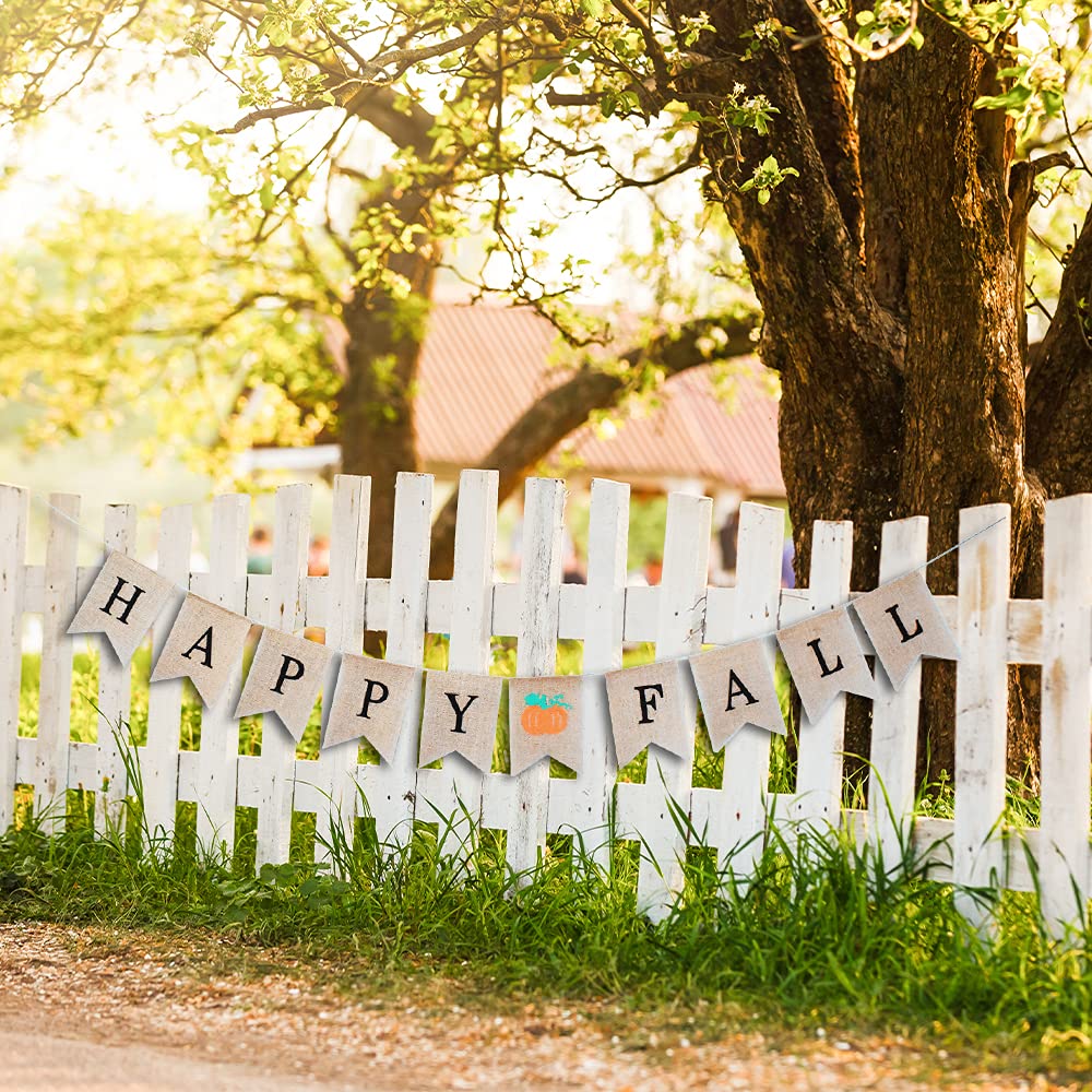 Happy Fall Burlap Banner Sign - Fall Festival Banner Thanksgiving Banner for Fireplace Mantel Happy Fall Decor