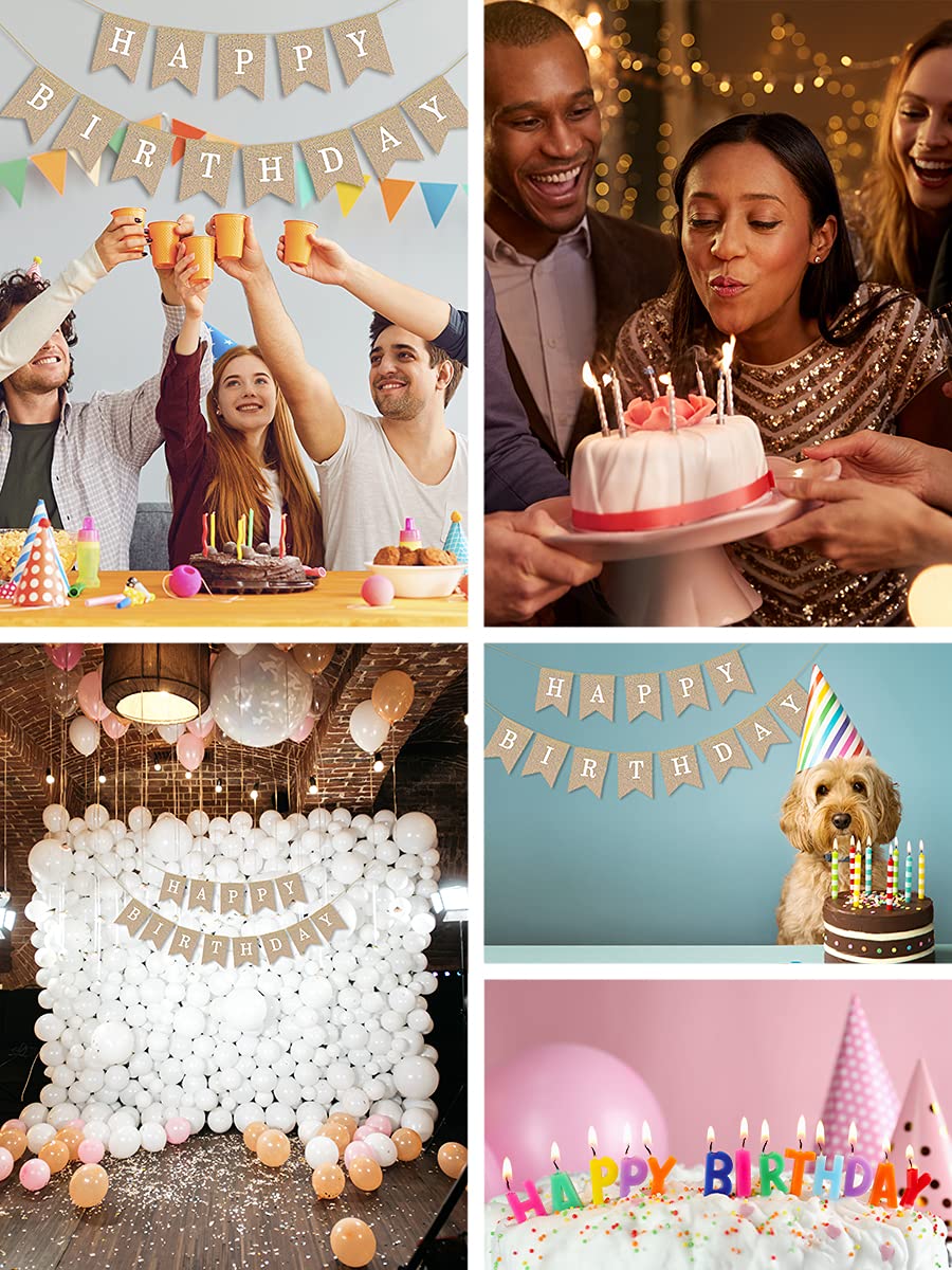 Happy Birthday Burlap Banner Garland Bunting Pendant Flag for Rustic Birthday Decorations -Boho Burlap Birthday Banner for Adults