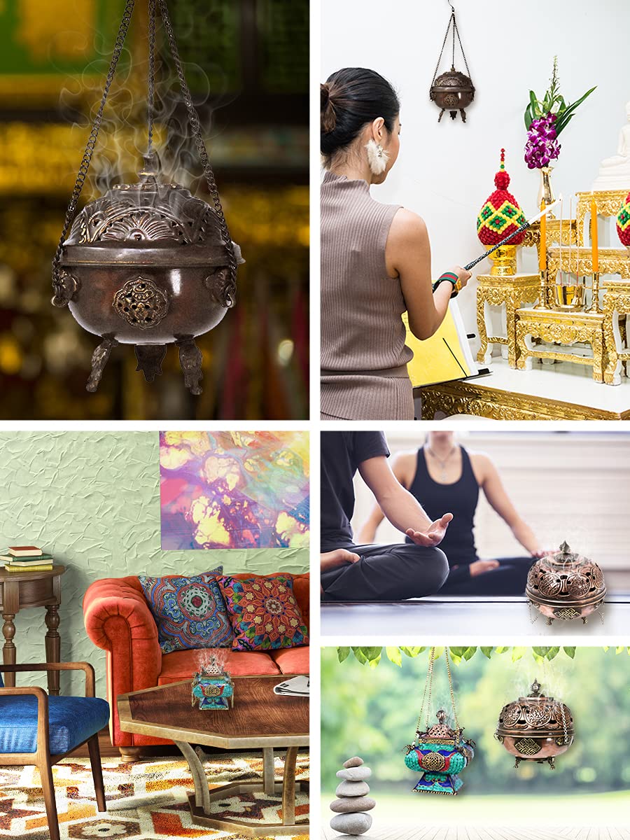 Tibetan Hanging Incense Burner with Chain - Brass Incense Burner with Lid for Resin Charcoal (Gemstone Inlay)