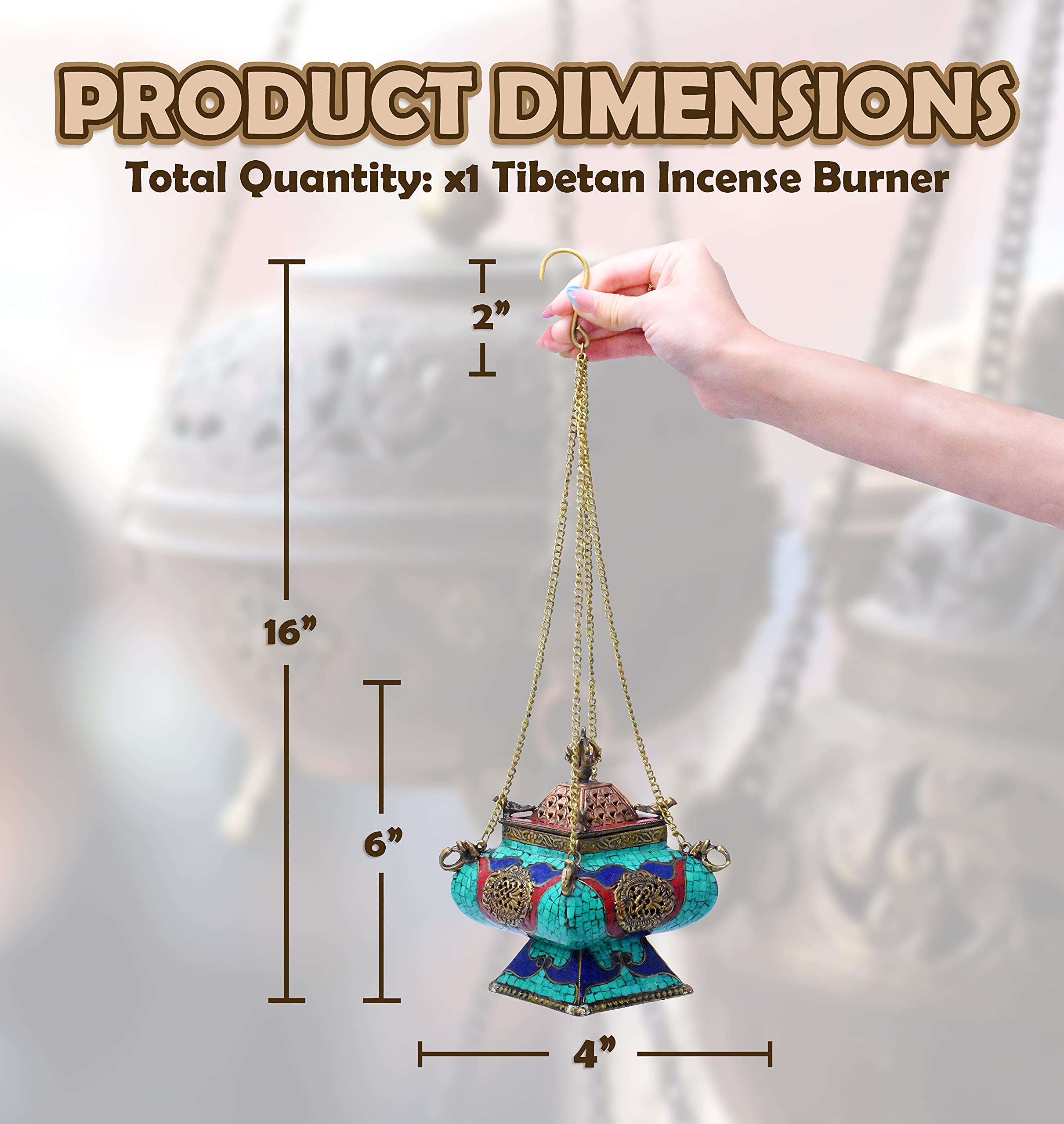 Tibetan Hanging Incense Burner with Chain - Brass Incense Burner with Lid for Resin Charcoal (Gemstone Inlay)