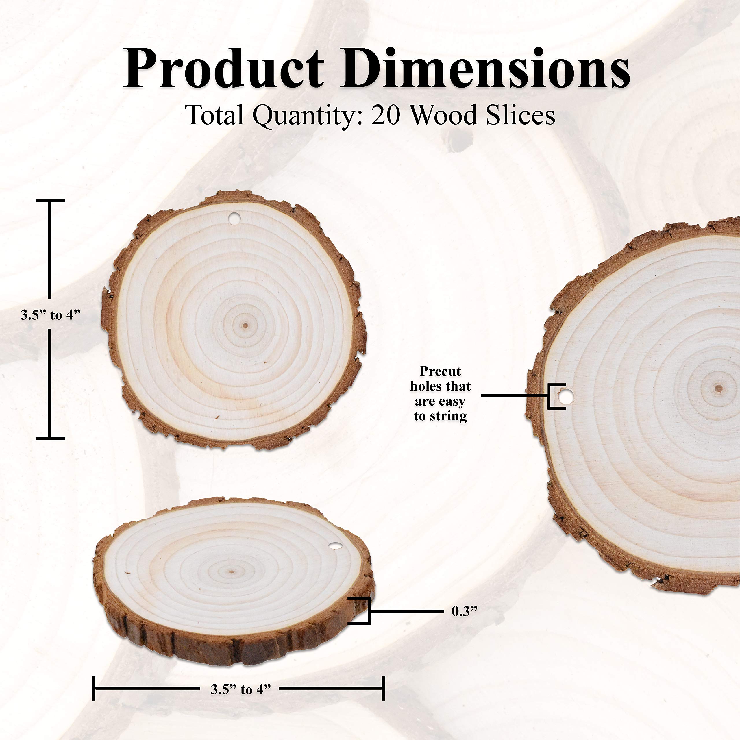 Natural Wood Slices for Centerpieces Crafts - Predrilled Wooden Circles Round Discs with Bark for Wood Burning Projects Arts Coaster Table Décor 20 PCs (Natural, 3.5 Inches)