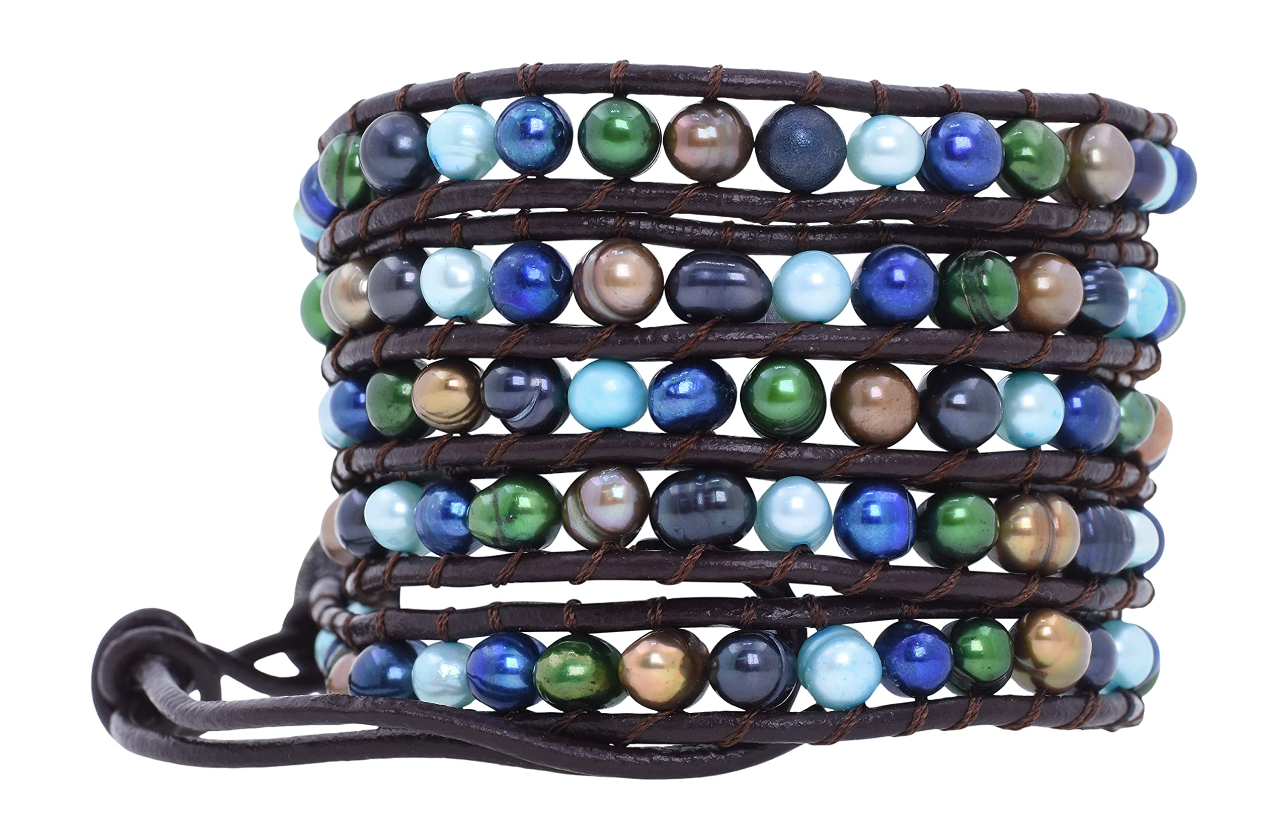 Leather Stackable Bohemian Bracelet for Women Layering Freshwater Cultured Pearl Beaded Leather Boho Wrap Bracelet