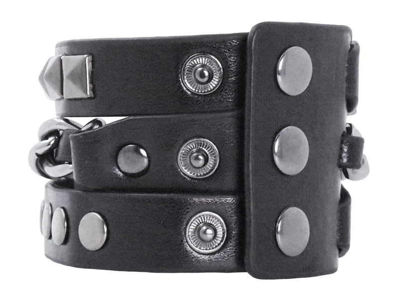 Leather Biker Bracelet for Men Women - Punk Bracelet for Men Women - Black Gothic Bracelet Layered Punk Studded Bracelet with Metal Chain