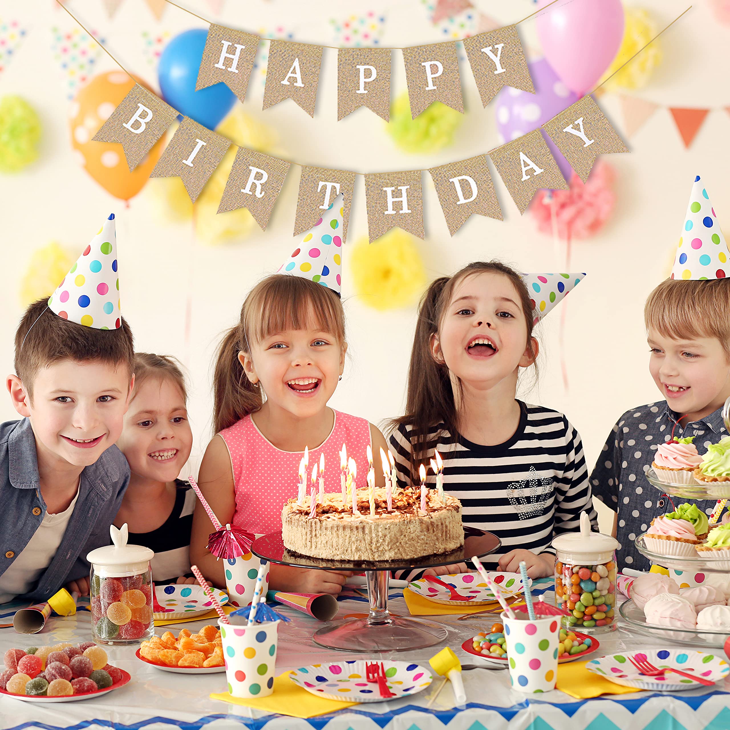 Happy Birthday Burlap Banner Garland Bunting Pendant Flag for Rustic Birthday Decorations -Boho Burlap Birthday Banner for Adults