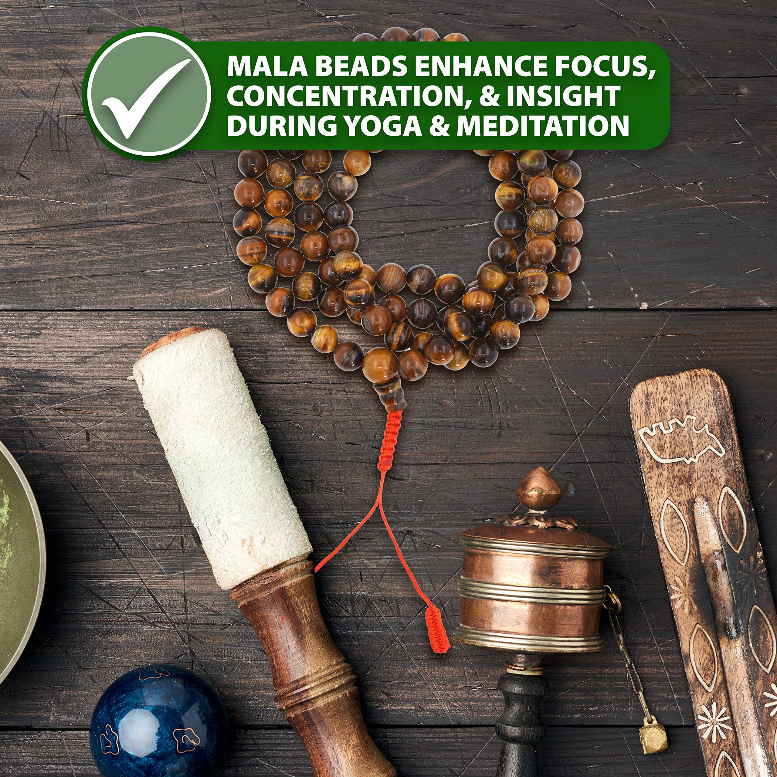 Mudra Crafts Buddhist Prayer Beads Tiger Eye Mala Beads 108 Necklace Bracelet - Tiger Eye Prayer Beads for Men Women - Tibetan Mala Beads for Yoga Meditation