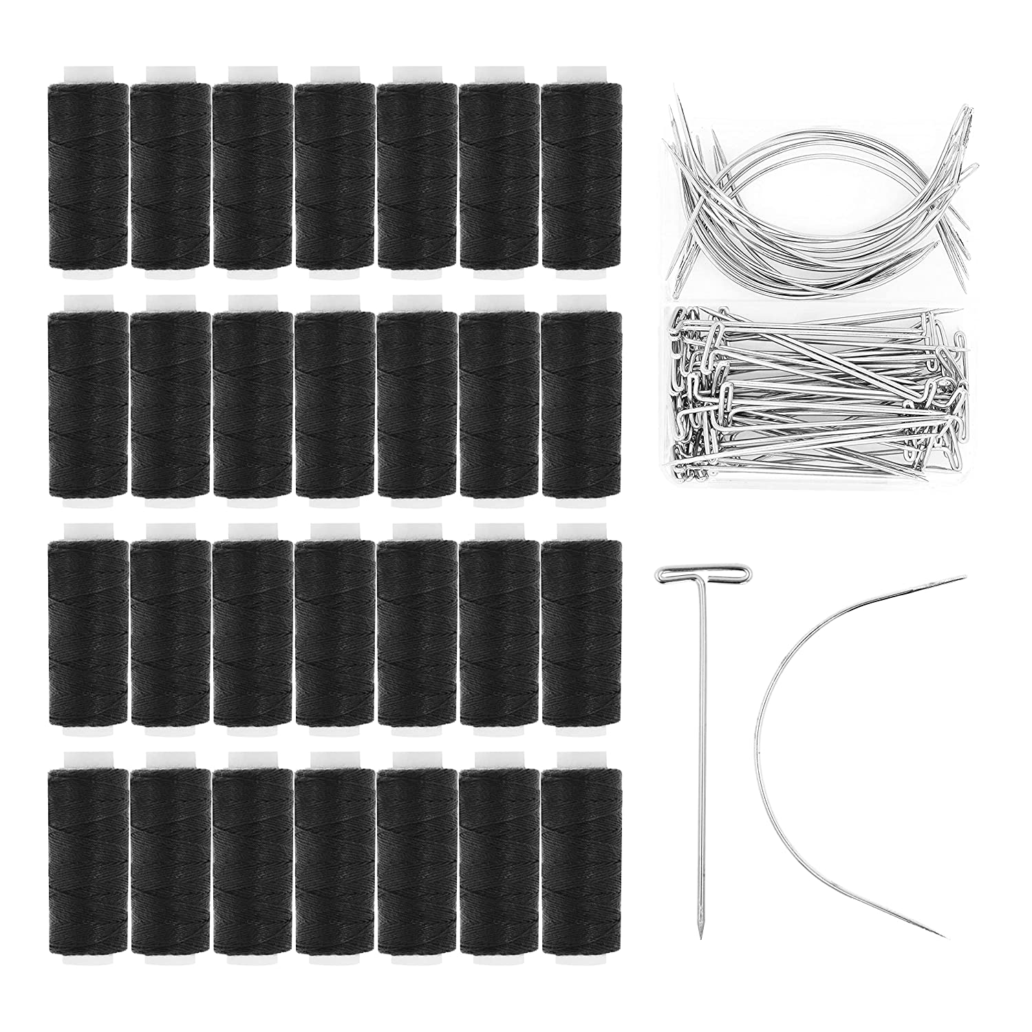 Mandala Crafts Hair Weave Needle and Thread Set - Hair Needle and Thread Kit for Sewing Hair  70 C Needles T Pins 24 Roll Hair Weaving Thread for Hair Sew In Extension Wig Weft