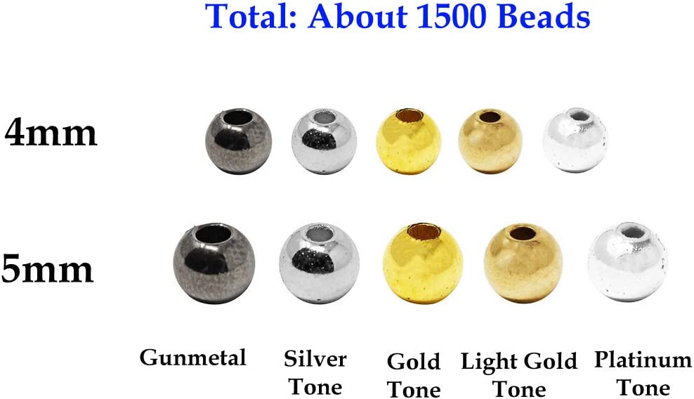 Mandala Crafts Round Spacer Beads for Jewelry Making and DIY Crafting 1500 Gold Silver Gunmetal Loose Metallic Plastic Beads 4mm 5mm