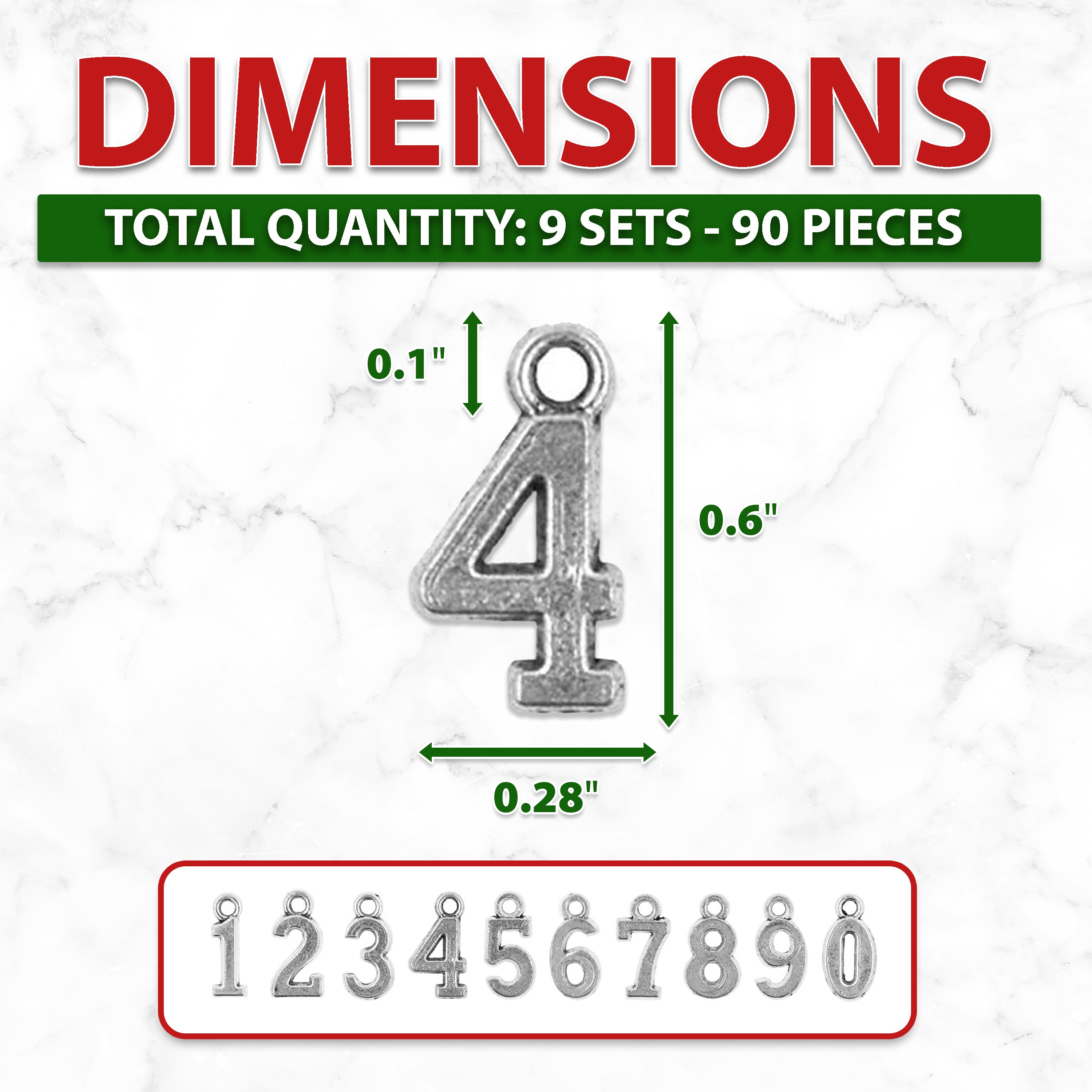 Number Charms for Necklaces, Bracelets, Pendants, Jewelry Making, 0-9 Metal Craft Numbers, 9 Sets 90 PCs, by Mandala Crafts