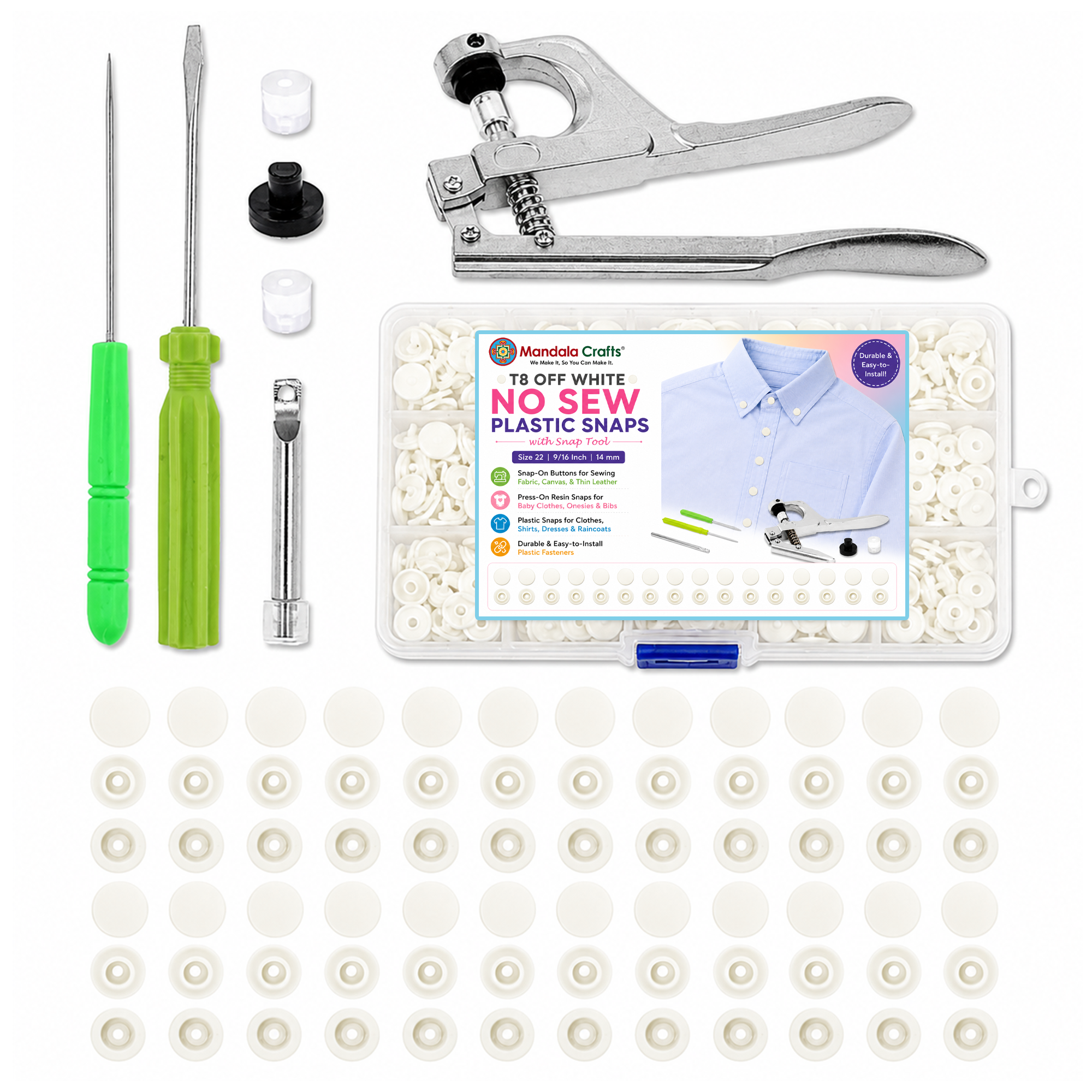 Mandala Crafts Plastic Snaps for Clothing - No-Sew Plastic Snap Buttons - Snap Button Kit - Snap Fastener Kit with Tools for Fabric Sewing Clothes