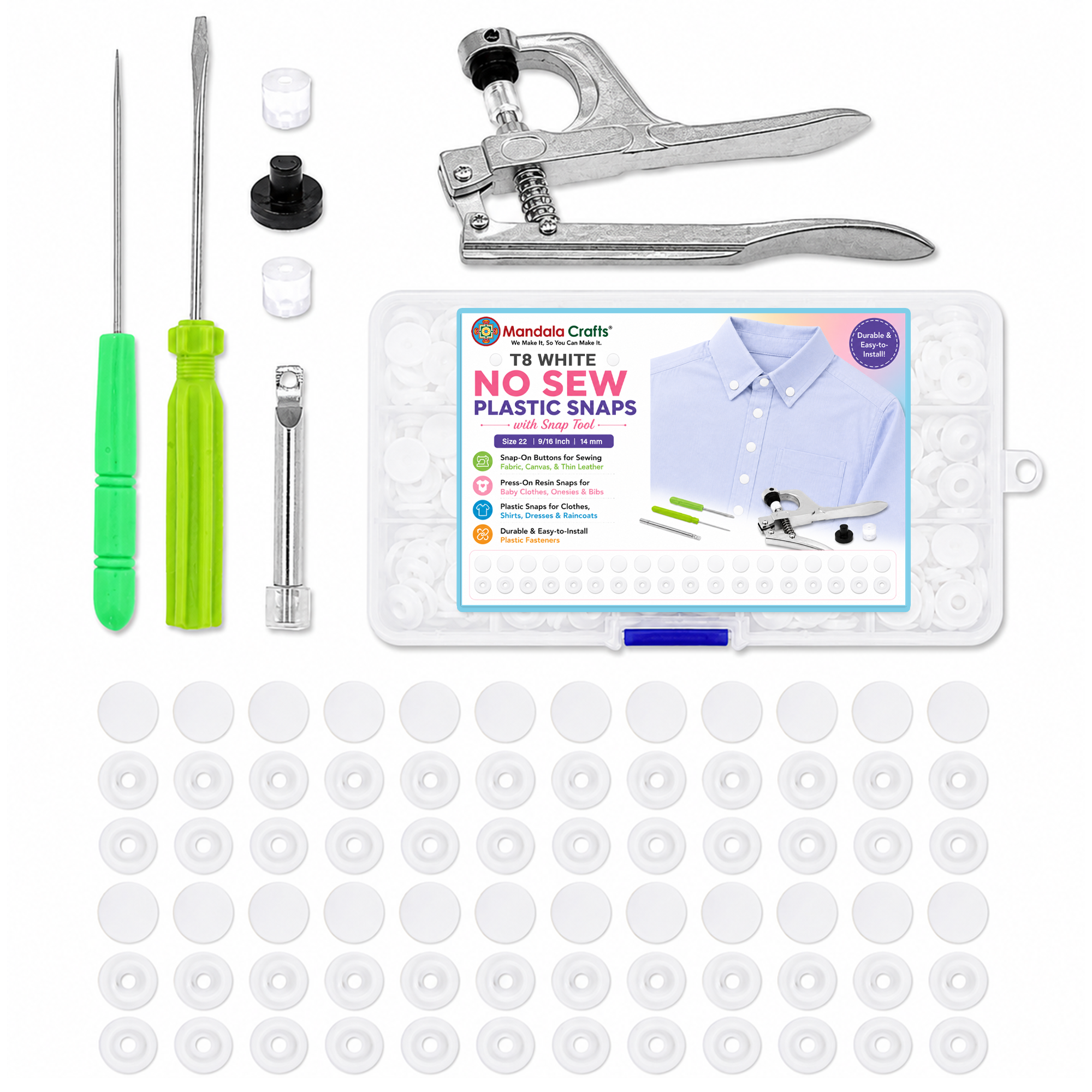 Mandala Crafts Plastic Snaps for Clothing - No-Sew Plastic Snap Buttons - Snap Button Kit - Snap Fastener Kit with Tools for Fabric Sewing Clothes
