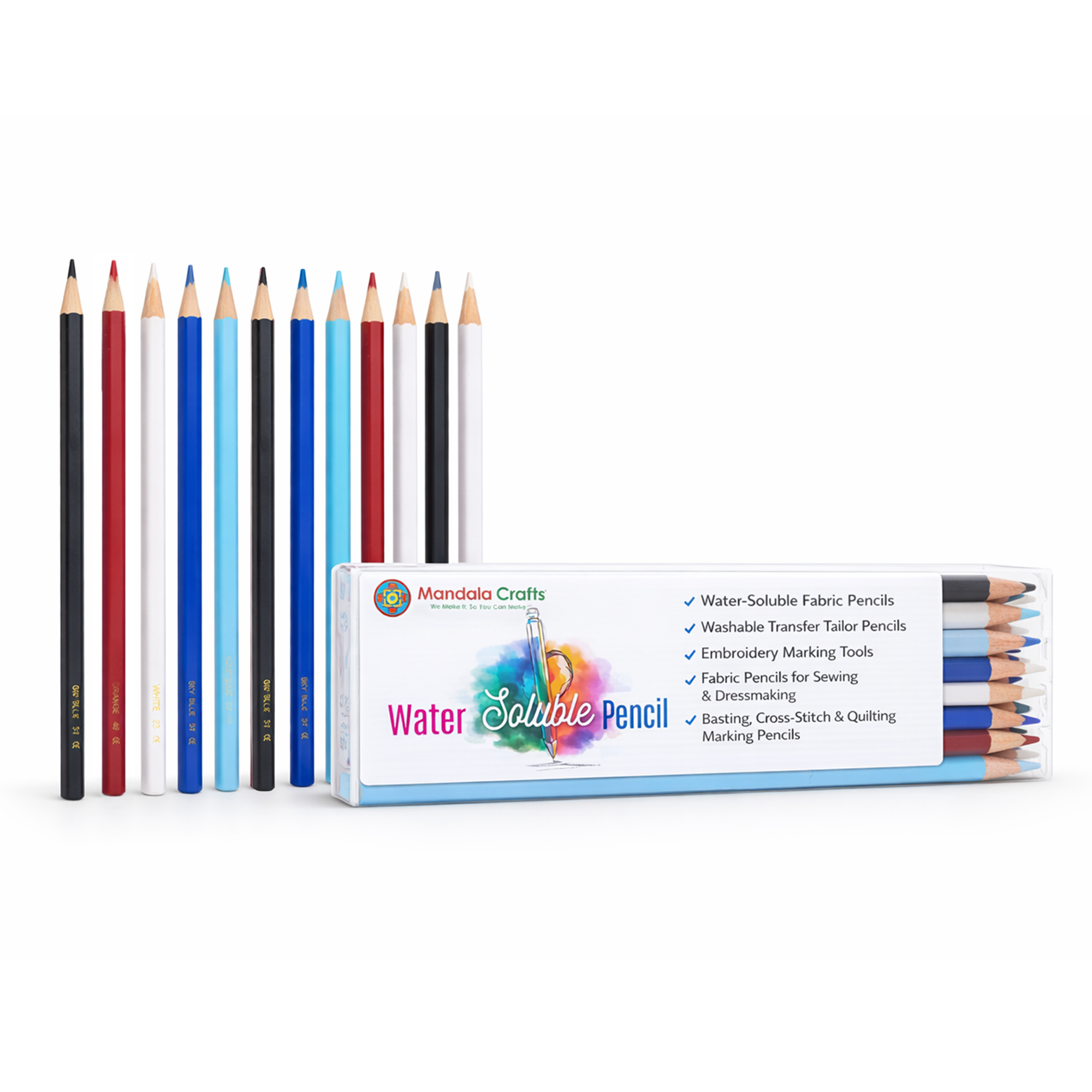 Mandala Crafts 12 Water Soluble Pencils for Fabric Marking - Washable Fabric Pencil for Sewing - Quilting Embroidery Tailor Dressmaker Sewing Pencil for Fabric