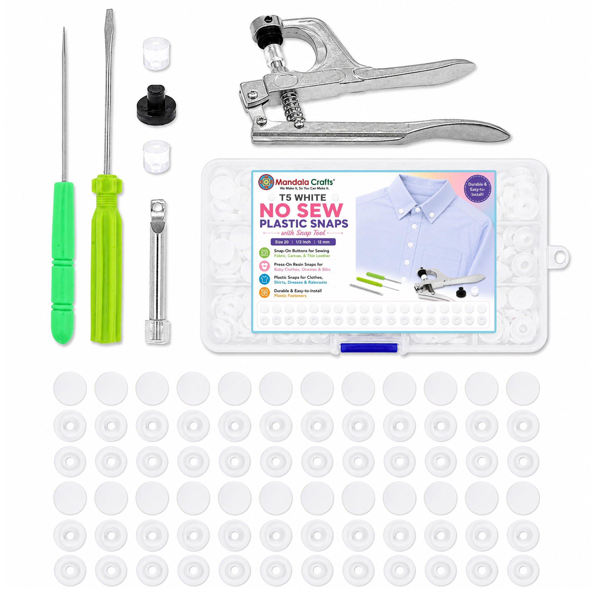 Mandala Crafts Plastic Snaps for Clothing - No-Sew Plastic Snap Buttons - Snap Button Kit - Snap Fastener Kit with Tools for Fabric Sewing Clothes