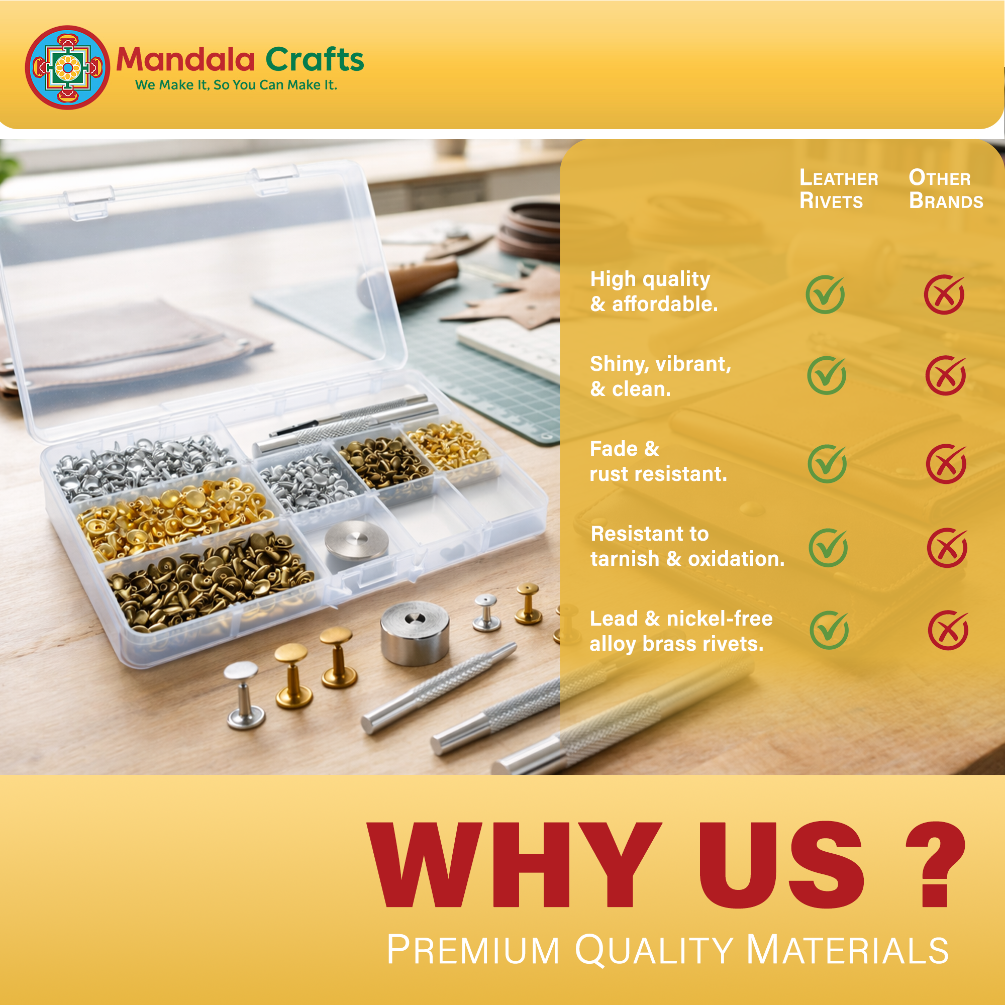 Mandala Crafts Rivet Kit and Punch Press Setting Tool for Leather, Fabric, Clothing Decorative Metal Studs