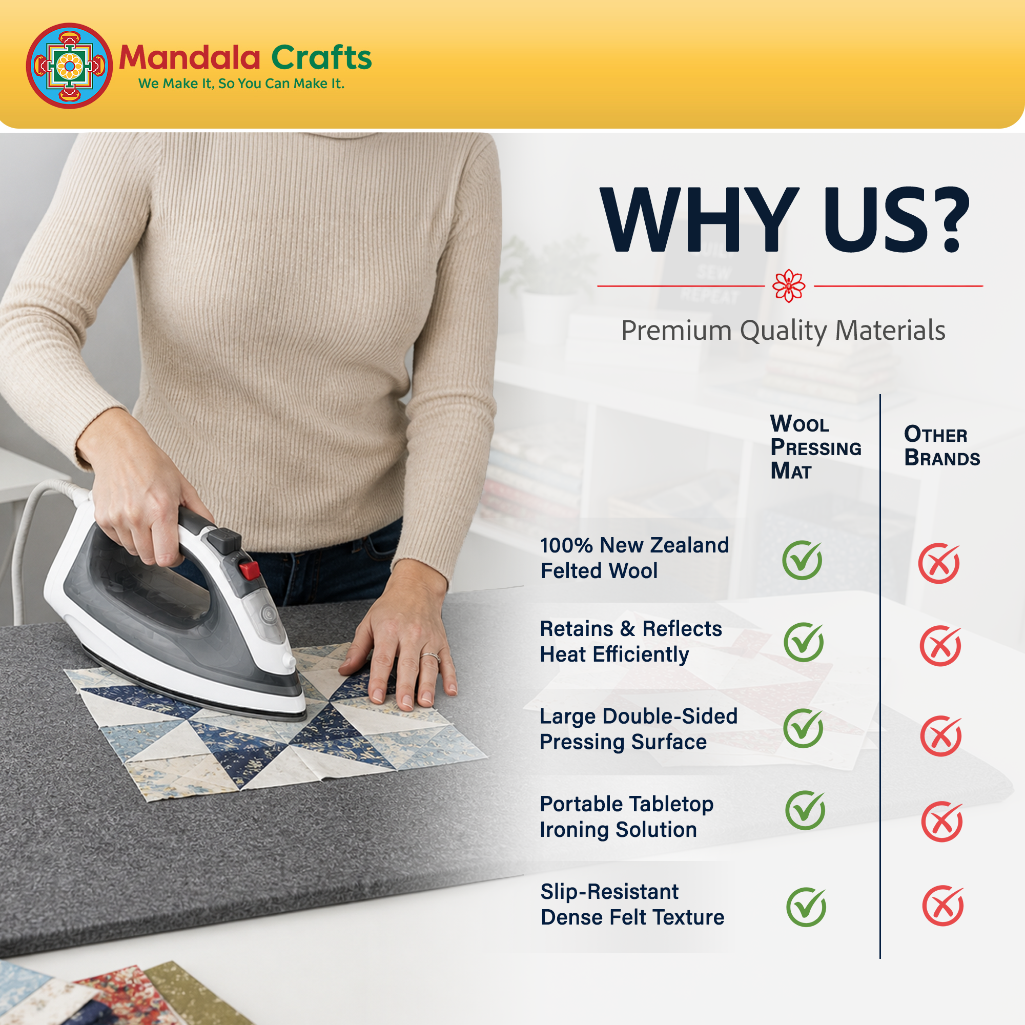 100% New Zealand Wool Pressing Mat for Quilting with Carrying Bag – 1/2 Inch Thick Heat Retention Ironing Pad for Sewing & Ironing Board Alternative
