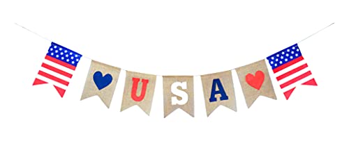 Mandala Crafts Burlap USA Banner Patriotic Decor - July 4th Decor Patriotic Banner - American Flag Bunting Banner Memorial Day Decorations for Porch Fireplace