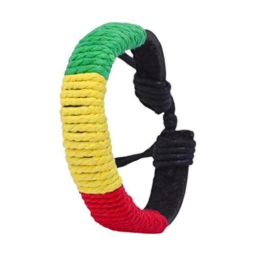 Mudra Crafts Leather Womens Mens Rasta Bracelet Set - Boho Mens Hippy Bracelet - Jamaican Reggae Bracelet Black Green Yellow Red Pattern Bohemian Hippie Wristband