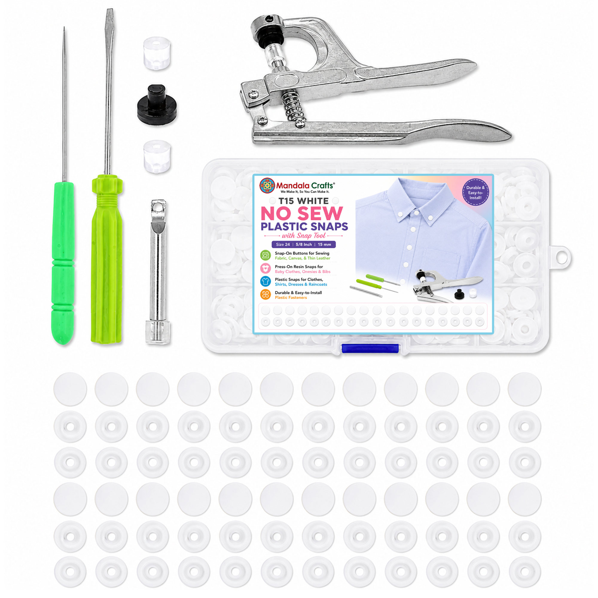 Mandala Crafts Plastic Snaps for Clothing - No-Sew Plastic Snap Buttons - Snap Button Kit - Snap Fastener Kit with Tools for Fabric Sewing Clothes