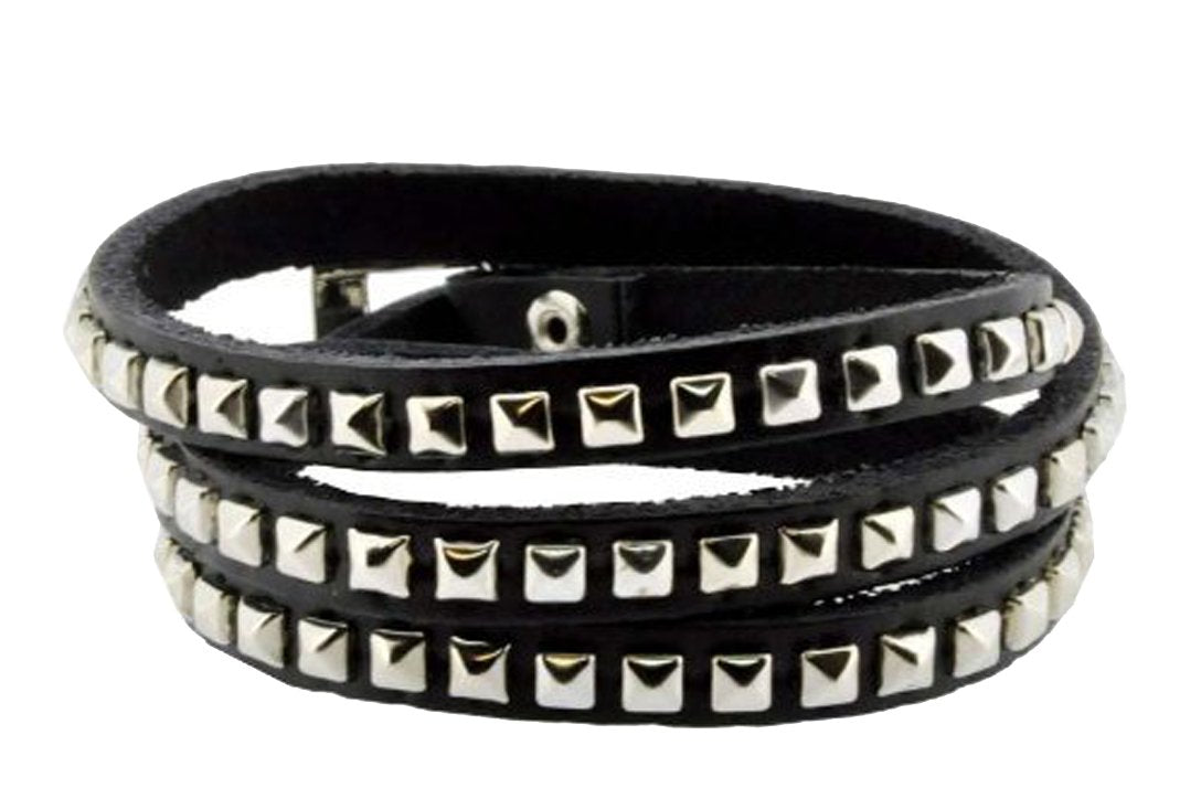 Hinky Imports Leather Silver Tone Metal Stud Simple Elegant Wrap Around Bracelet (Black)