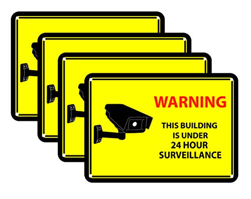 Mandala Crafts 24 Hour Video Surveillance Sign, Security Camera Sign, Rectangular Aluminum Warning Sign for Outdoors, Homes, Businesses, CCTV Recording 4-Pack Yellow