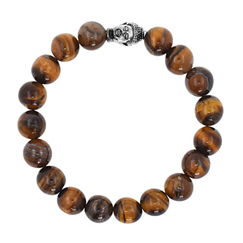 Mudra Crafts Mens Tiger Eye Bracelet - Buddha Head Unisex Natural Tigers Eye Crystal Stone Bead Bracelet for Women