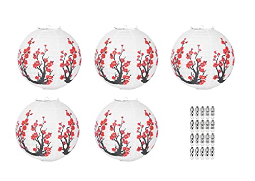 Mudra Crafts 5 PCs Cherry Blossom Paper Lanterns with 10 Lights for Cherry Blossom Decor  Flower Chinese Lanterns with Lights  12 in Round Sakura Hanging Japanese Lantern Kit for Party Decoration