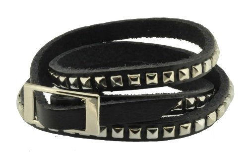 Hinky Imports Leather Silver Tone Metal Stud Simple Elegant Wrap Around Bracelet (Black)