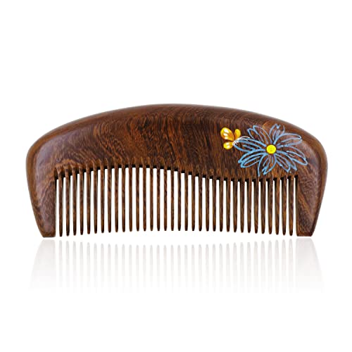 Mandala Crafts Wooden Comb - Blue Flower Rosewood Anti-Static Wood Comb - Wooden Wide Tooth Hair Comb for Men Women Straight Curly Hair Detangling Beard