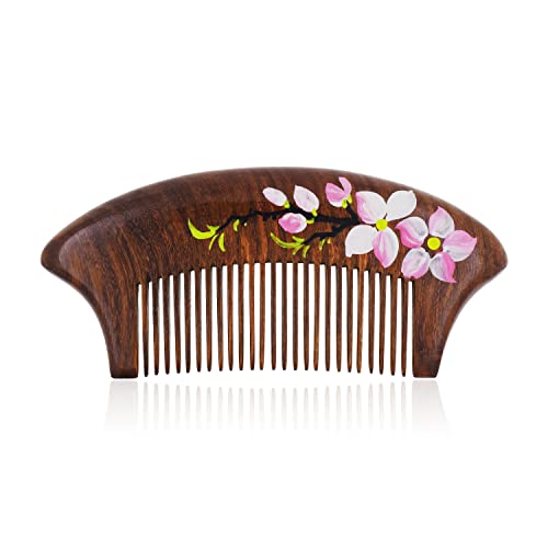 Mandala Crafts Wooden Comb - Pink Flower Rosewood Anti-Static Wood Comb - Wooden Wide Tooth Hair Comb for Men Women Straight Curly Hair Detangling Beard