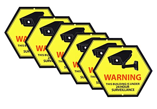 24 Hour Video Surveillance Sign, Security Camera Sign, Aluminum Warning Sign for Outdoors, Homes, Businesses, CCTV Recording 6-Pack Yellow Hexagon by Mandala Crafts