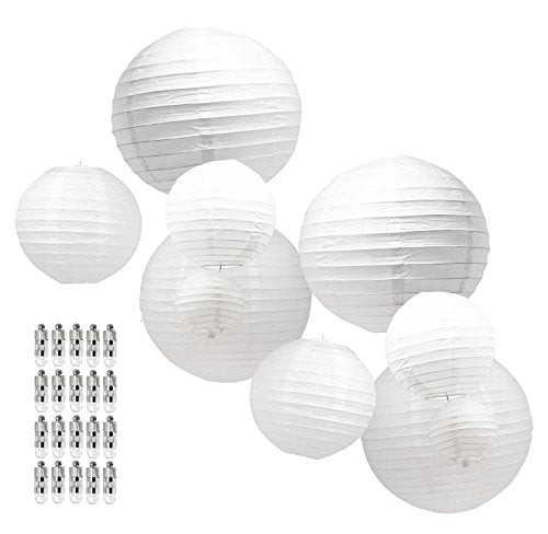 White Paper Lanterns Decorative Party Lanterns - Hanging Paper Lanterns with Lights - Chinese Lanterns Decorations by Mudra Crafts Round Mixed Inches Pack of 10