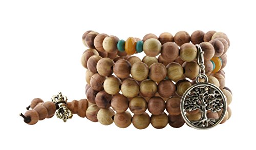 Mandala Crafts 108 Mala Prayer Beads Necklace, Bracelet from Natural Wood for Buddhists, Meditation, Yoga (Cedar Wood Silver Tone Tree of Life Charm)