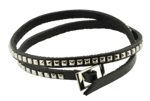 Hinky Imports Leather Silver Tone Metal Stud Simple Elegant Wrap Around Bracelet (Black)