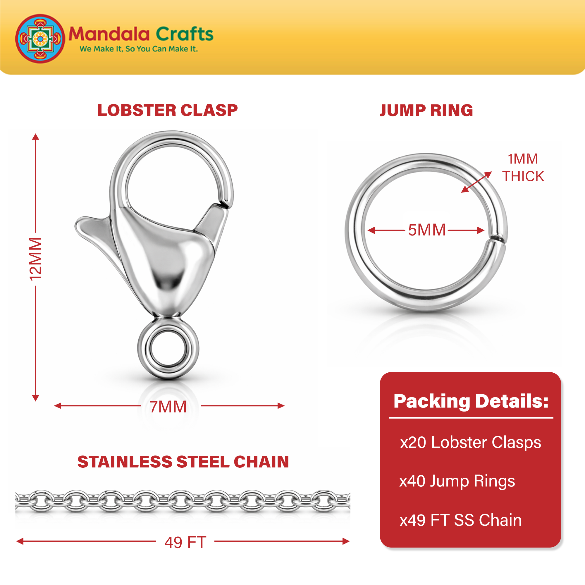 Mandala Crafts 49 Ft Stainless Steel Chain Roll for Jewelry Making – 2.5 mm Silver Tone Tarnish-Resistant Cable Chain Bulk with Lobster Clasps & Jump Rings for Necklace & Bracelet Projects