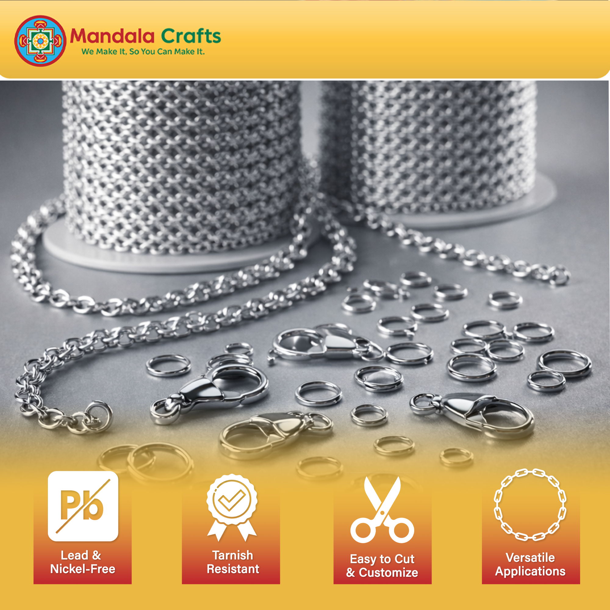 Mandala Crafts 49 Ft Stainless Steel Chain Roll for Jewelry Making – 2.5 mm Silver Tone Tarnish-Resistant Cable Chain Bulk with Lobster Clasps & Jump Rings for Necklace & Bracelet Projects