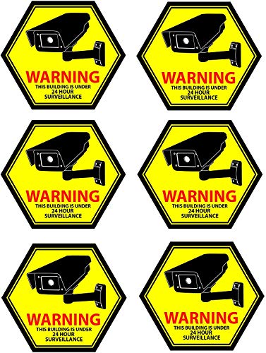 Mandala Crafts Security Camera Decal 24-Hour Video Surveillance Recording Warning Front Adhesive Window Stickers for Indoors or Outdoors; 4 X 3.5 Inches Yellow