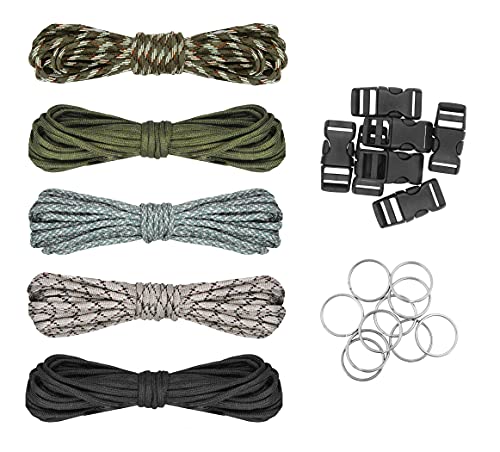 Mandala Crafts Paracord Rope - Parachute Cord - Paracord Bracelets Kit - DIY Paracord Kit for Lanyards Dog Collars 80 Feet 400lb Black Olive ACU Multicam Camo