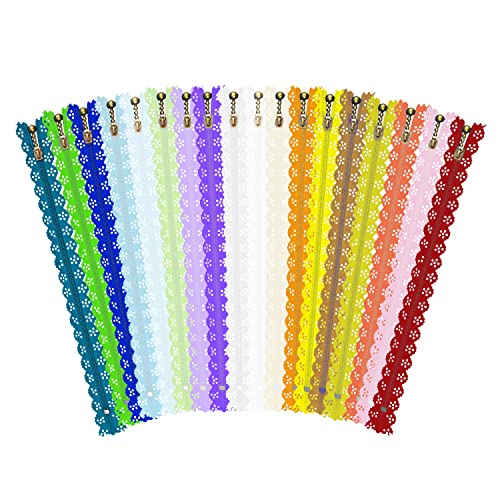 Lace Zippers for Sewing, Exposed Novelty Zippers with Decorative Lacy Edge for Sewing; 16 Inch Bulk 40 PCs, 20 Assorted Colors; by Mandala Crafts