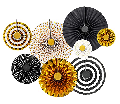 Mandala Crafts Hanging Paper Fans Party Decorations  Round Paper Fans for Wedding - Paper Fan Decorations for Graduation Birthday Classroom Decor Pack of 8 Black and Gold Party Decorations Fans