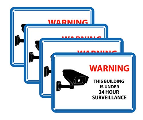 Mandala Crafts 24 Hour Video Surveillance Sign, Security Camera Sign, Rectangular Aluminum Warning Sign for Outdoors, Homes, Businesses, CCTV Recording 4-Pack Blue