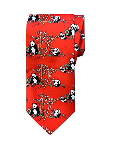 Chinese Dragon Tie, Panda Tie, Exotic Novelty Necktie Gift for Men; by Mandala Crafts (Panda Polyester, Red)