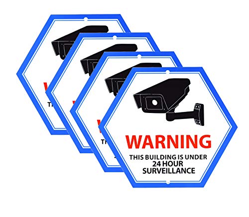 Mandala Crafts 24 Hour Video Surveillance Sign, Security Camera Sign, Aluminum Warning Sign for Outdoors, Homes, Businesses, CCTV Recording 4-Pack Blue Hexagon