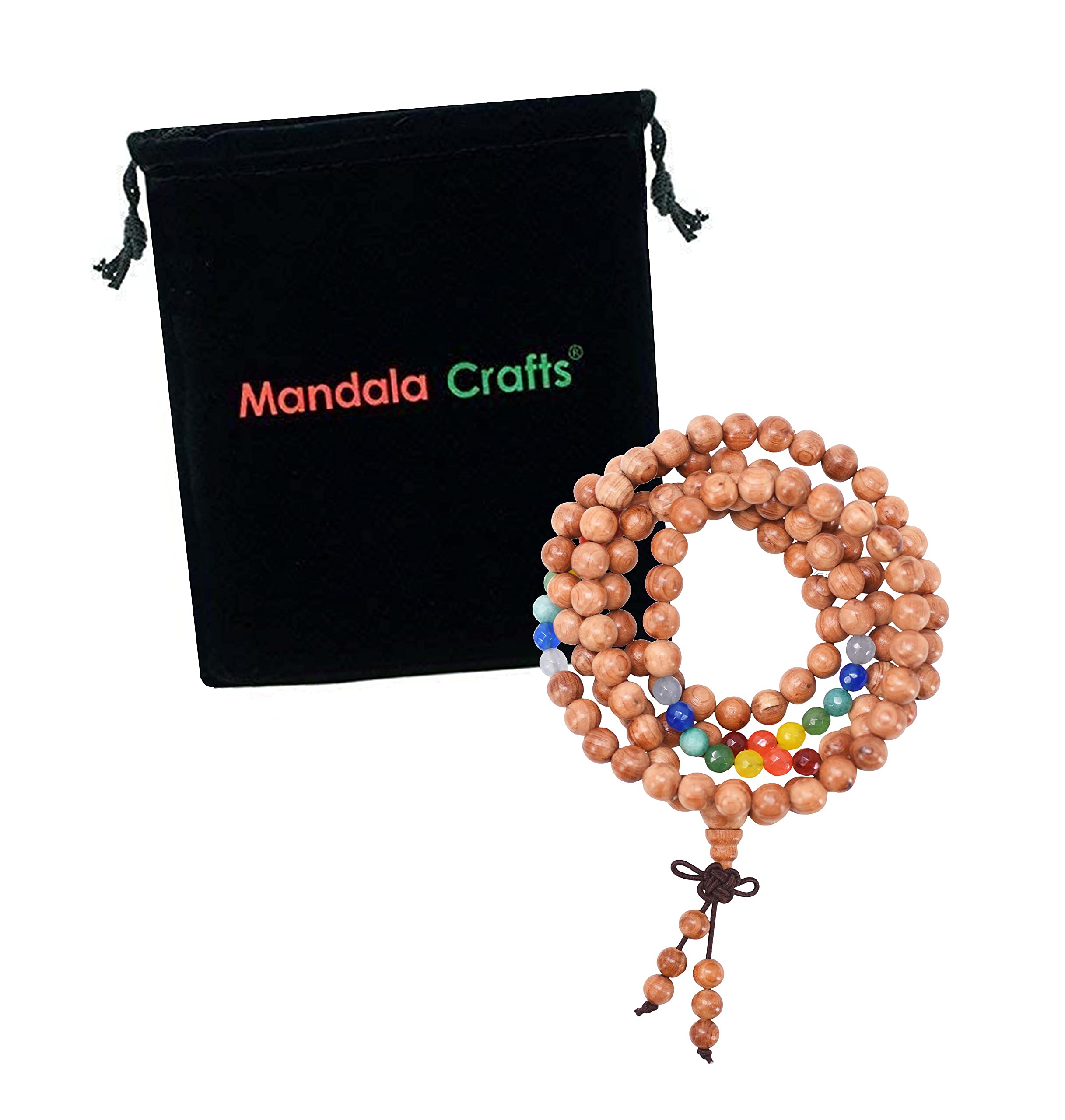 Mandala Crafts Natural Wood Mala Beads Necklace – Japa Mala Beads 108 Necklace – 108 Mala Beads Bracelet Mala Prayer Beads Necklace for Men Women Mala Meditation Beads (Cedar 7 Chakra)