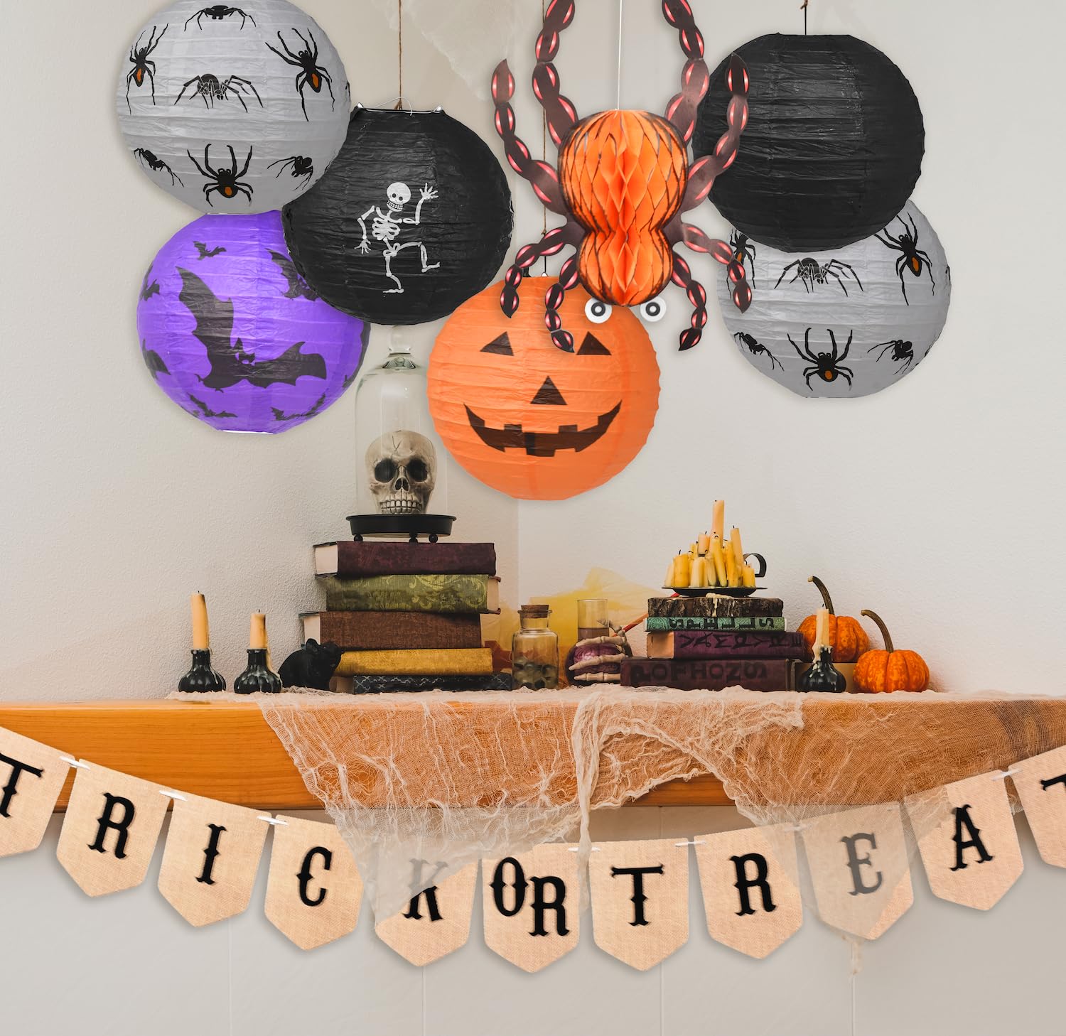 Mandala Crafts Halloween Banner, Trick or Treat Halloween Banner Pennant Garland Bunting Lanterns for Fireplace Mantle Porch Party Decorations